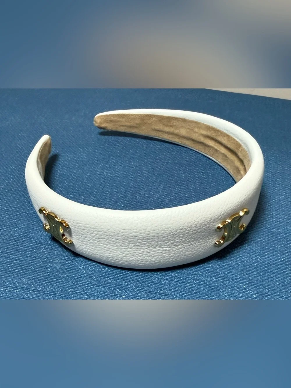 Celine white 3 gold tone Triomphe vegan leather wide headband. New